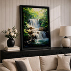 A framed canvas painting of a tropical waterfall cascading over rocks surrounded by lush green forest foliage, rendered in a realistic style with detailed water flow and vibrant natural elements, capturing the serene beauty of a forest landscape.