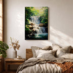 A framed canvas painting of a tropical waterfall cascading over rocks surrounded by lush green forest foliage, rendered in a realistic style with detailed water flow and vibrant natural elements, capturing the serene beauty of a forest landscape.
