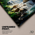 A framed canvas painting of a tropical waterfall cascading over rocks surrounded by lush green forest foliage, rendered in a realistic style with detailed water flow and vibrant natural elements, capturing the serene beauty of a forest landscape.