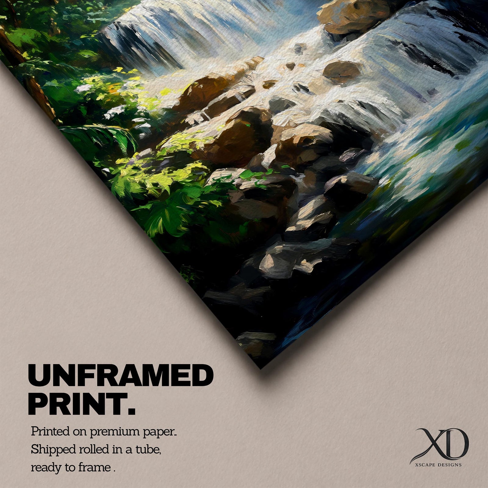 A framed canvas painting of a tropical waterfall cascading over rocks surrounded by lush green forest foliage, rendered in a realistic style with detailed water flow and vibrant natural elements, capturing the serene beauty of a forest landscape.