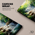 A framed canvas painting of a tropical waterfall cascading over rocks surrounded by lush green forest foliage, rendered in a realistic style with detailed water flow and vibrant natural elements, capturing the serene beauty of a forest landscape.