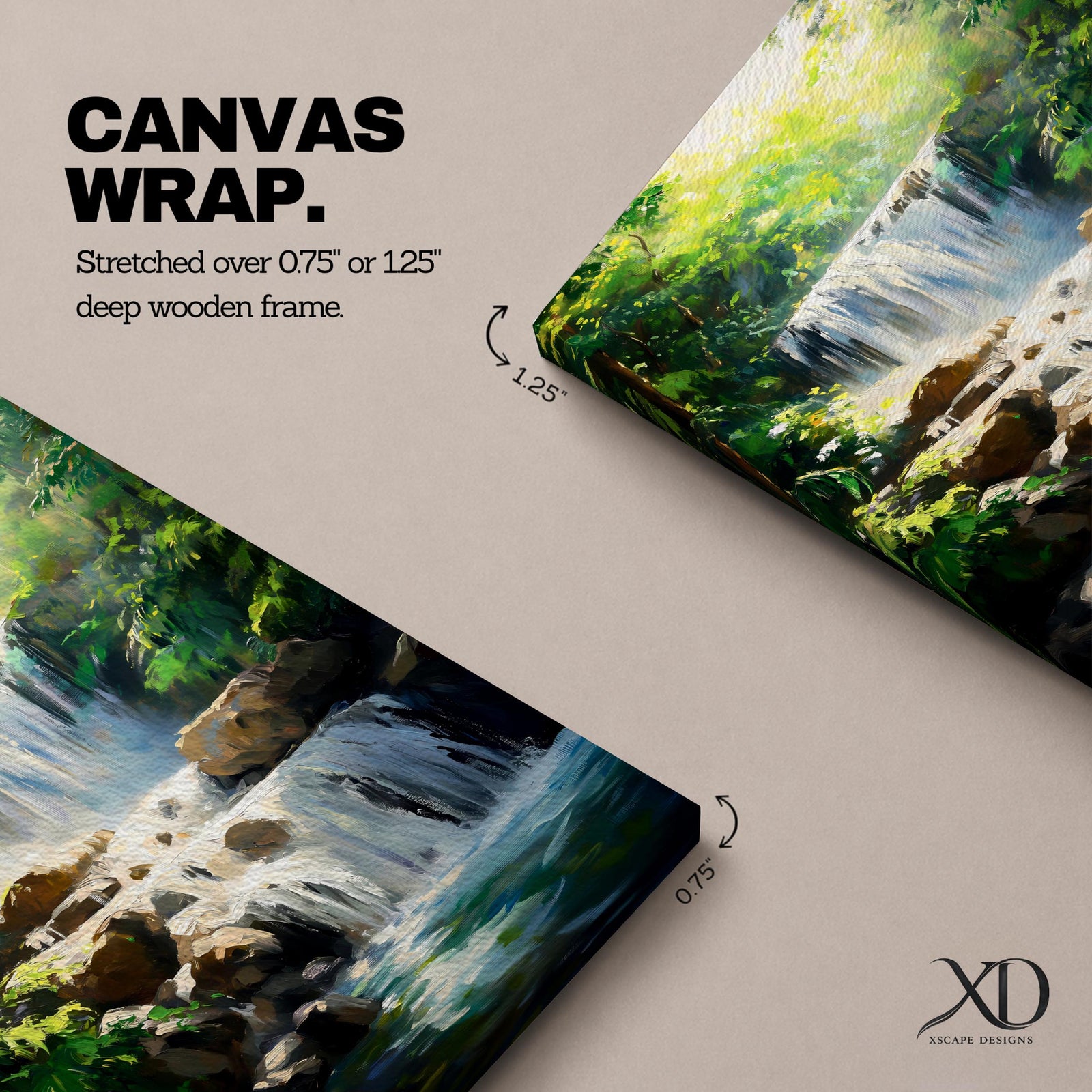 A framed canvas painting of a tropical waterfall cascading over rocks surrounded by lush green forest foliage, rendered in a realistic style with detailed water flow and vibrant natural elements, capturing the serene beauty of a forest landscape.