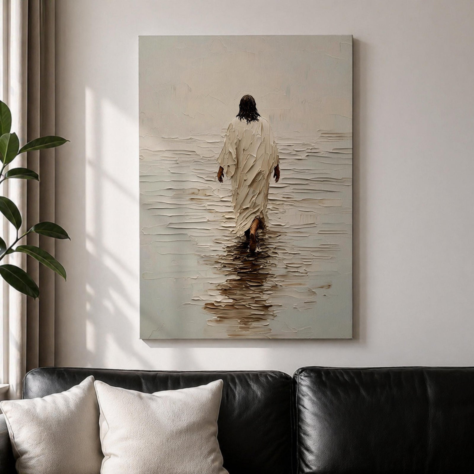A textured impasto style painting depicting Jesus walking on water, shown from behind in a flowing robe with dark hair, stepping on a reflective water surface with ripples, rendered in neutral tones with thick brush strokes emphasizing depth and movement.