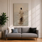 A textured impasto style painting depicting Jesus walking on water, shown from behind in a flowing robe with dark hair, stepping on a reflective water surface with ripples, rendered in neutral tones with thick brush strokes emphasizing depth and movement.