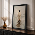 A textured impasto style painting depicting Jesus walking on water, shown from behind in a flowing robe with dark hair, stepping on a reflective water surface with ripples, rendered in neutral tones with thick brush strokes emphasizing depth and movement.
