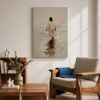 A textured impasto style painting depicting Jesus walking on water, shown from behind in a flowing robe with dark hair, stepping on a reflective water surface with ripples, rendered in neutral tones with thick brush strokes emphasizing depth and movement.