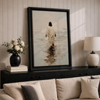 A textured impasto style painting depicting Jesus walking on water, shown from behind in a flowing robe with dark hair, stepping on a reflective water surface with ripples, rendered in neutral tones with thick brush strokes emphasizing depth and movement.