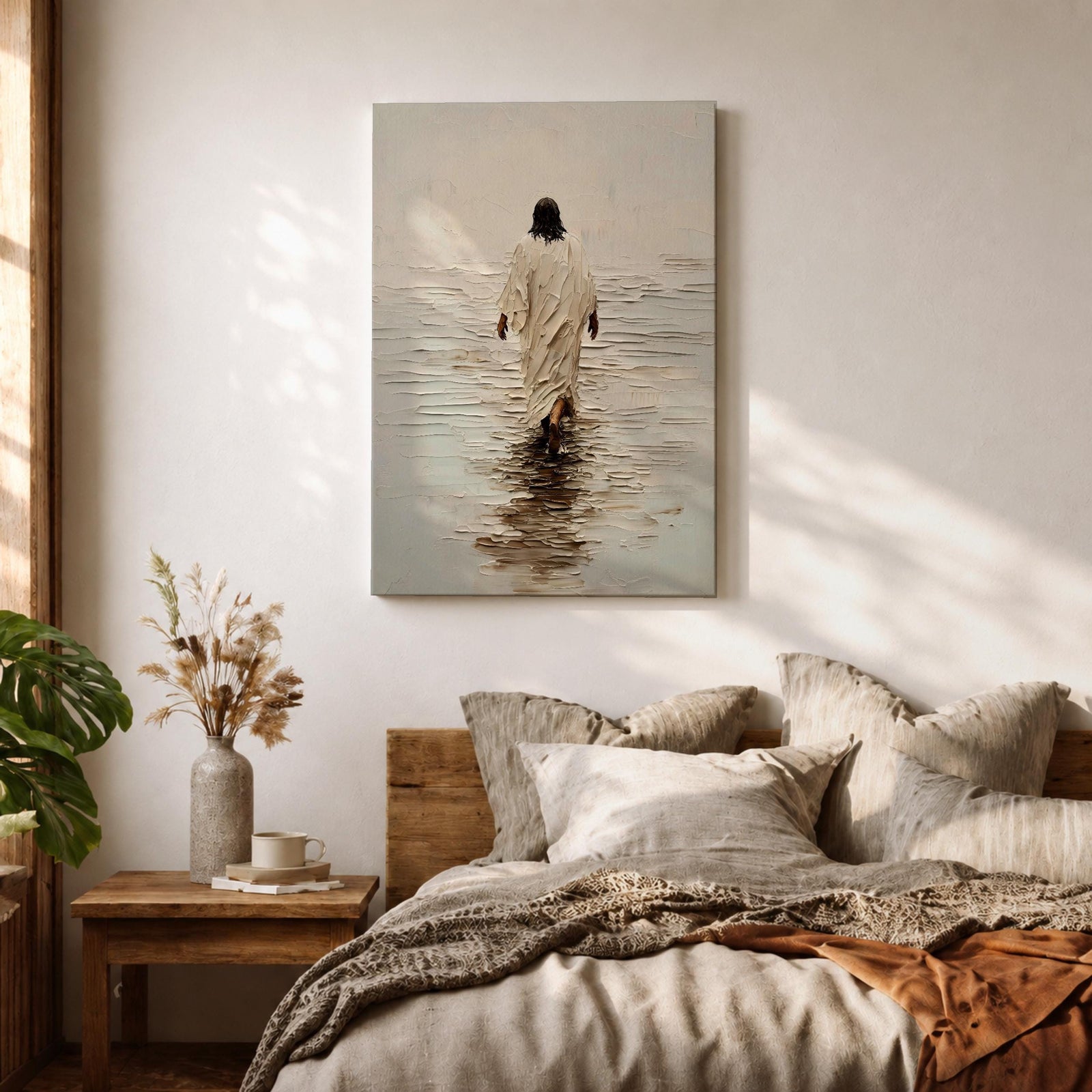 A textured impasto style painting depicting Jesus walking on water, shown from behind in a flowing robe with dark hair, stepping on a reflective water surface with ripples, rendered in neutral tones with thick brush strokes emphasizing depth and movement.