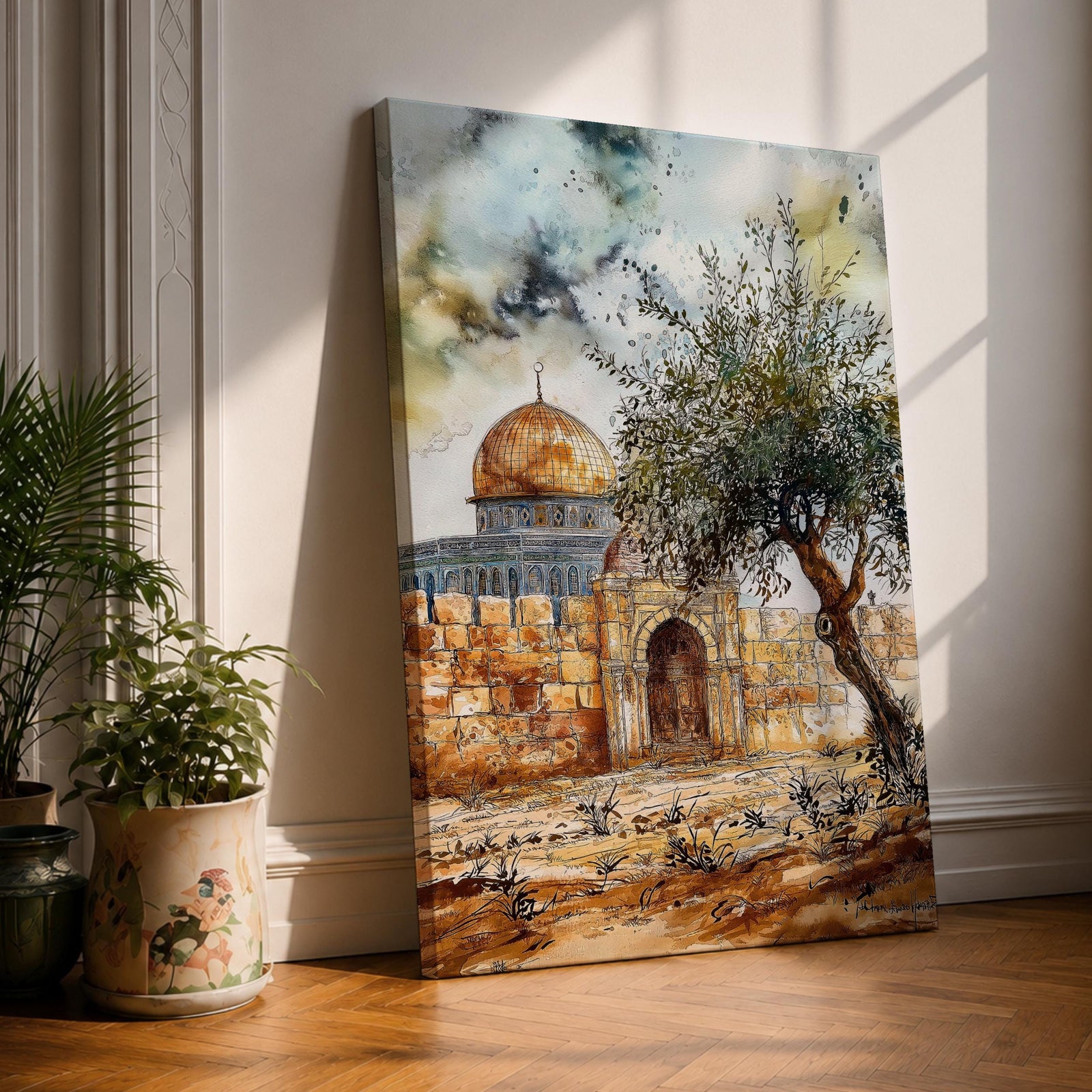 Watercolor-style painting of the Dome of the Rock in Jerusalem with its golden dome rising behind ancient stone walls and a prominent olive tree in the foreground under a dramatic sky.