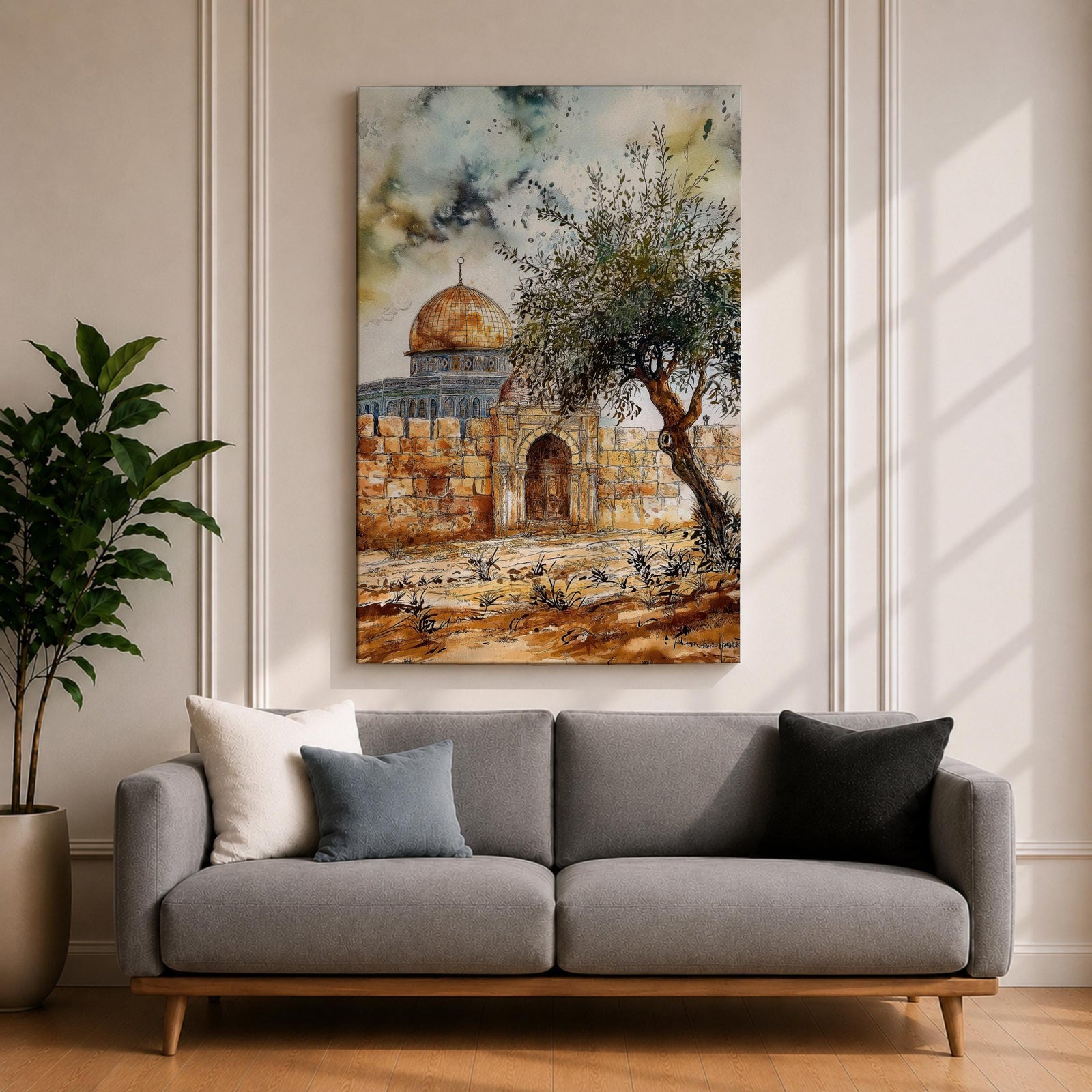 Watercolor-style painting of the Dome of the Rock in Jerusalem with its golden dome rising behind ancient stone walls and a prominent olive tree in the foreground under a dramatic sky.