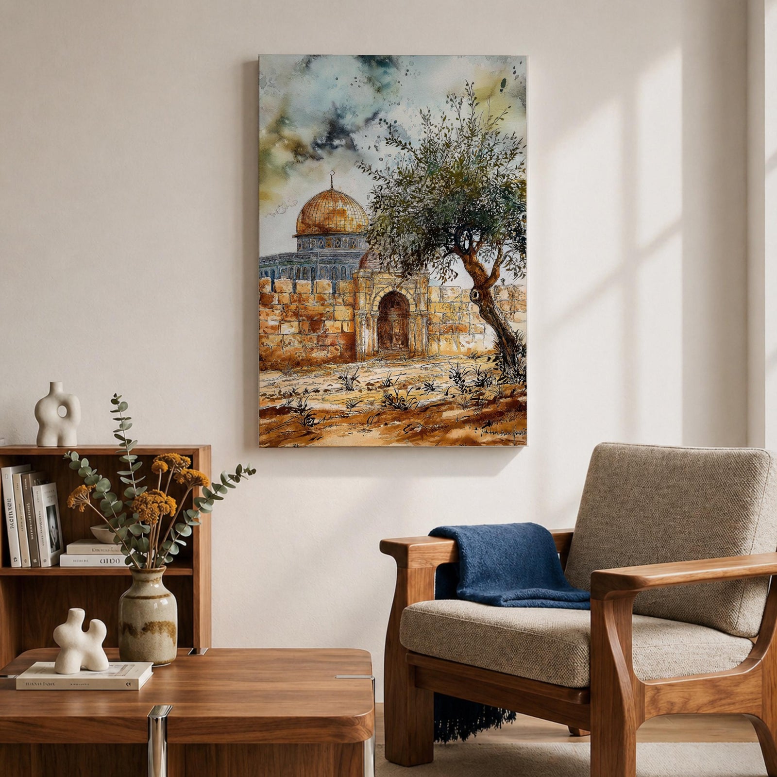 Watercolor-style painting of the Dome of the Rock in Jerusalem with its golden dome rising behind ancient stone walls and a prominent olive tree in the foreground under a dramatic sky.
