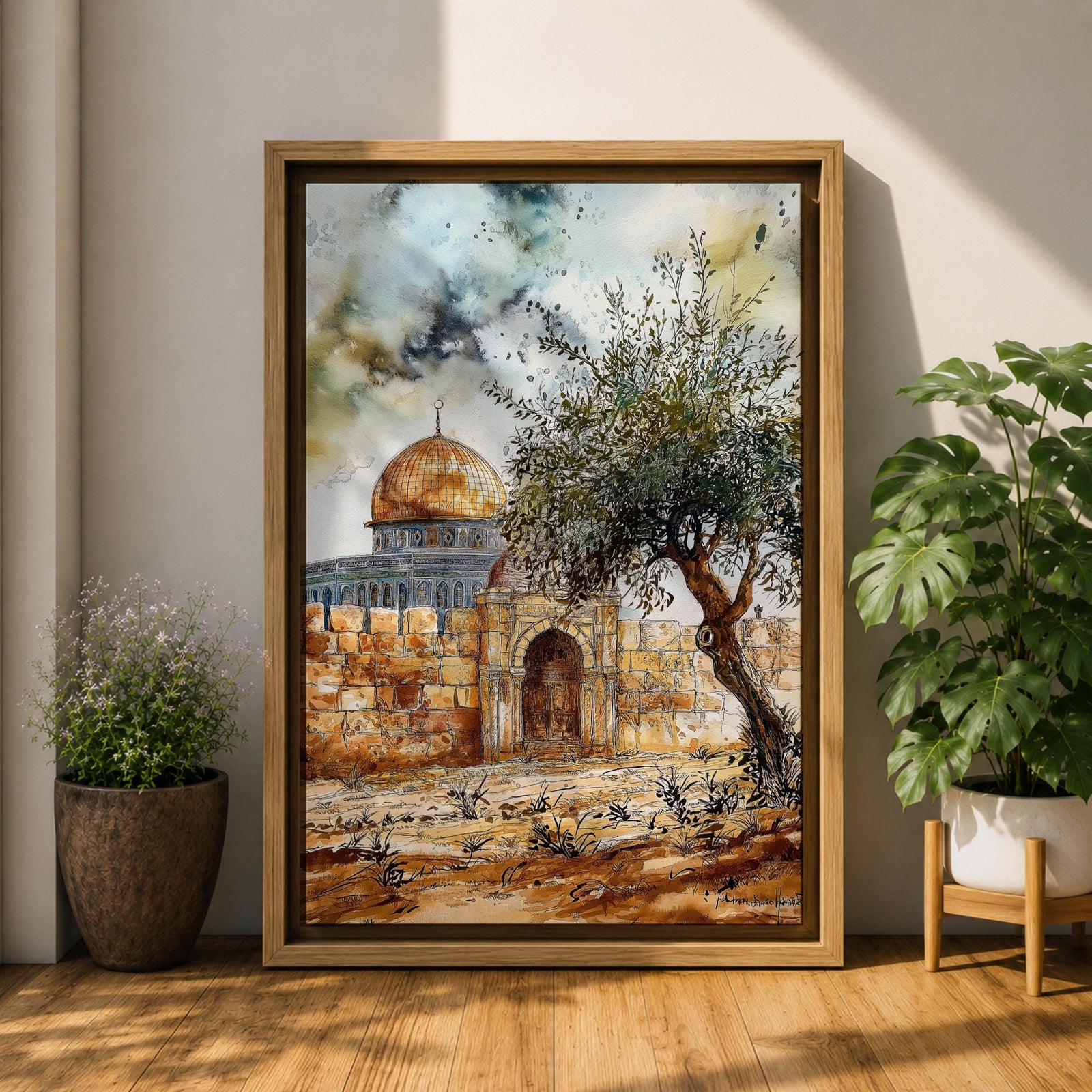 Watercolor-style painting of the Dome of the Rock in Jerusalem with its golden dome rising behind ancient stone walls and a prominent olive tree in the foreground under a dramatic sky.