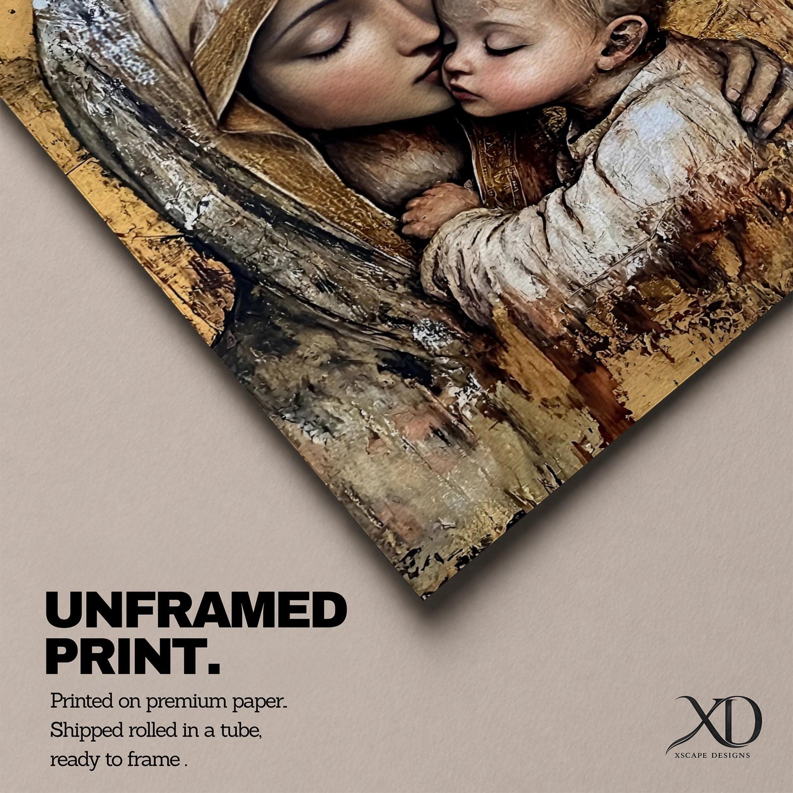 Vintage devotional artwork of the Virgin Mary gently kissing baby Jesus while embracing him, both surrounded by soft golden halos and warm aged textures resembling classical Catholic icon painting.