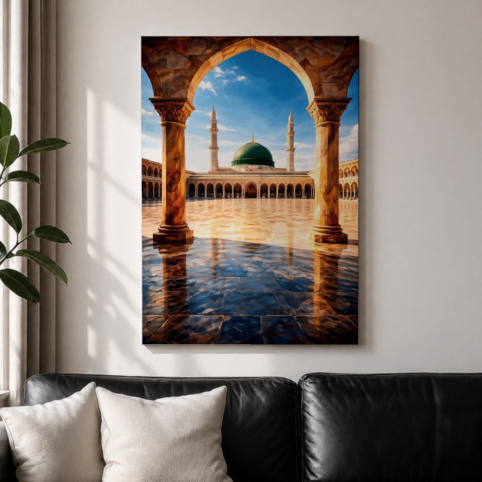Artwork of Masjid Al Nabawi in Medina showing the iconic green dome and tall minarets framed through a large stone archway with a reflective marble courtyard under a bright blue sky.
