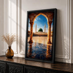 Artwork of Masjid Al Nabawi in Medina showing the iconic green dome and tall minarets framed through a large stone archway with a reflective marble courtyard under a bright blue sky.