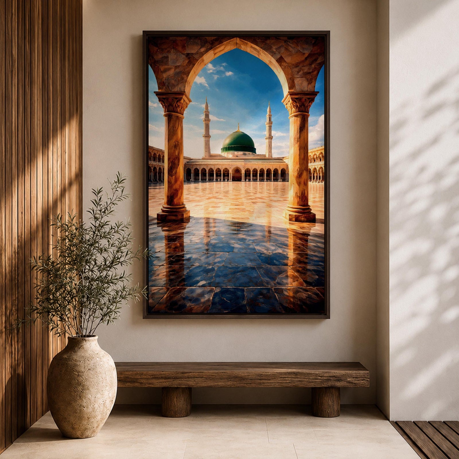 Artwork of Masjid Al Nabawi in Medina showing the iconic green dome and tall minarets framed through a large stone archway with a reflective marble courtyard under a bright blue sky.