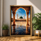 Artwork of Masjid Al Nabawi in Medina showing the iconic green dome and tall minarets framed through a large stone archway with a reflective marble courtyard under a bright blue sky.