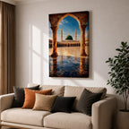 Artwork of Masjid Al Nabawi in Medina showing the iconic green dome and tall minarets framed through a large stone archway with a reflective marble courtyard under a bright blue sky.