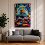 Colorful geometric artwork of the Dome of the Rock in Jerusalem featuring the golden dome beneath a vibrant mosaic-style arch with multicolored geometric patterns and a tiled courtyard.