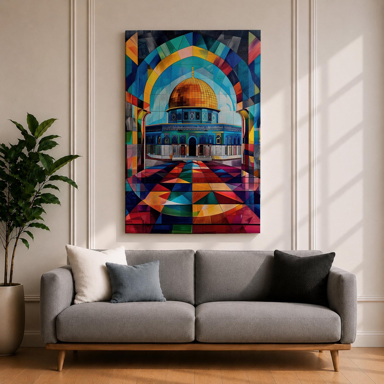 Colorful geometric artwork of the Dome of the Rock in Jerusalem featuring the golden dome beneath a vibrant mosaic-style arch with multicolored geometric patterns and a tiled courtyard.