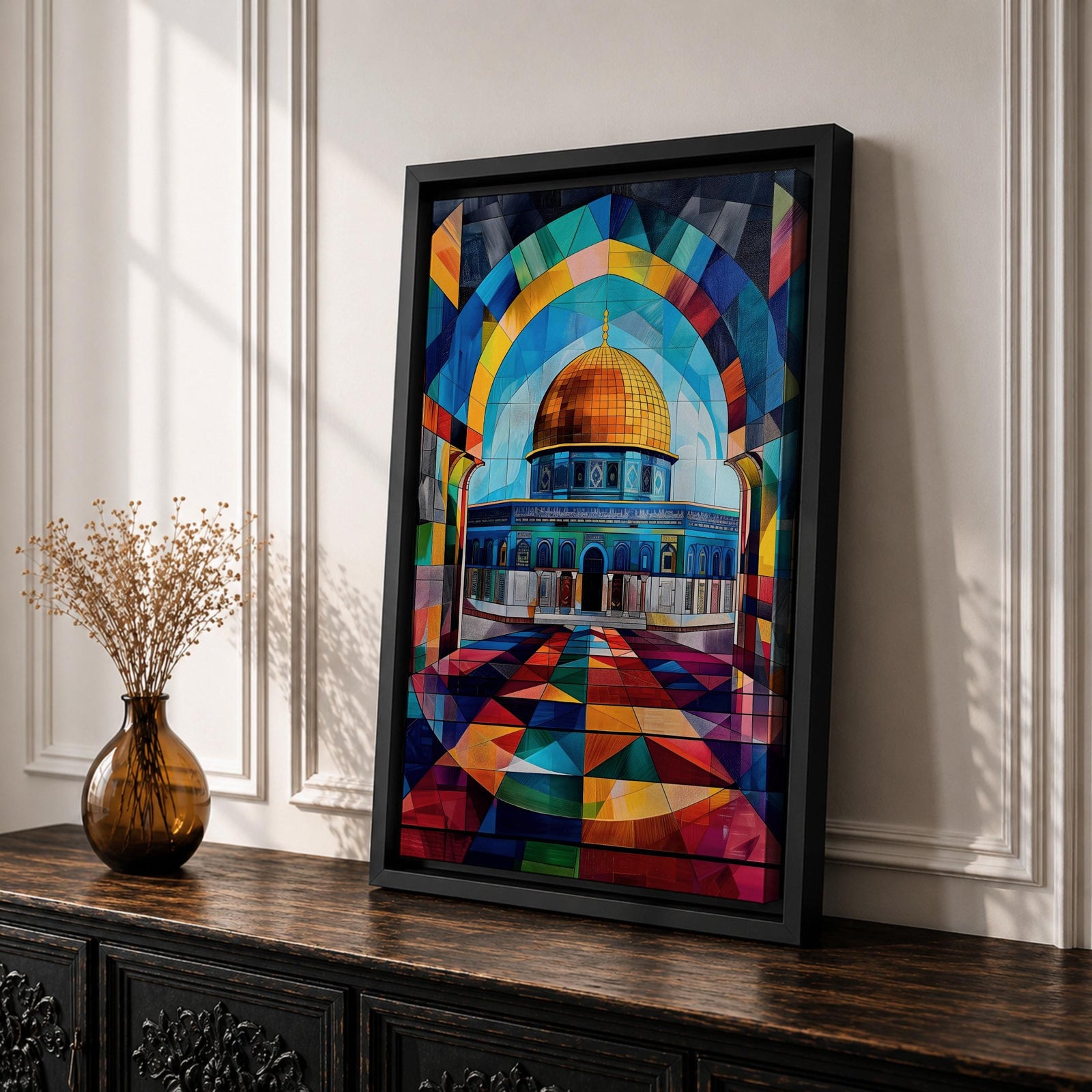 Colorful geometric artwork of the Dome of the Rock in Jerusalem featuring the golden dome beneath a vibrant mosaic-style arch with multicolored geometric patterns and a tiled courtyard.