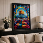 Colorful geometric artwork of the Dome of the Rock in Jerusalem featuring the golden dome beneath a vibrant mosaic-style arch with multicolored geometric patterns and a tiled courtyard.