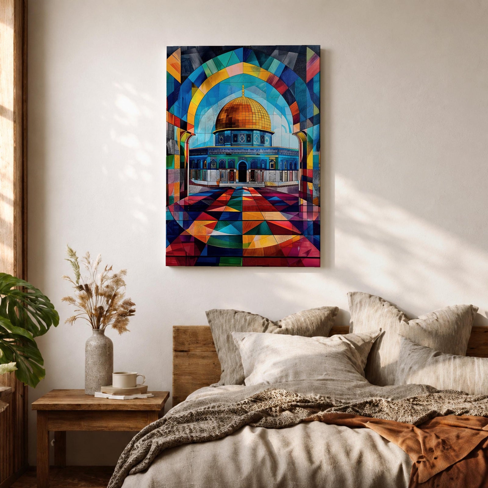 Colorful geometric artwork of the Dome of the Rock in Jerusalem featuring the golden dome beneath a vibrant mosaic-style arch with multicolored geometric patterns and a tiled courtyard.