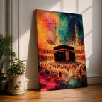 Abstract painting of the Kaaba at Masjid Al Haram in Mecca surrounded by pilgrims during Hajj pilgrimage, with vibrant orange, blue, and red tones illuminating the mosque courtyard and minarets.