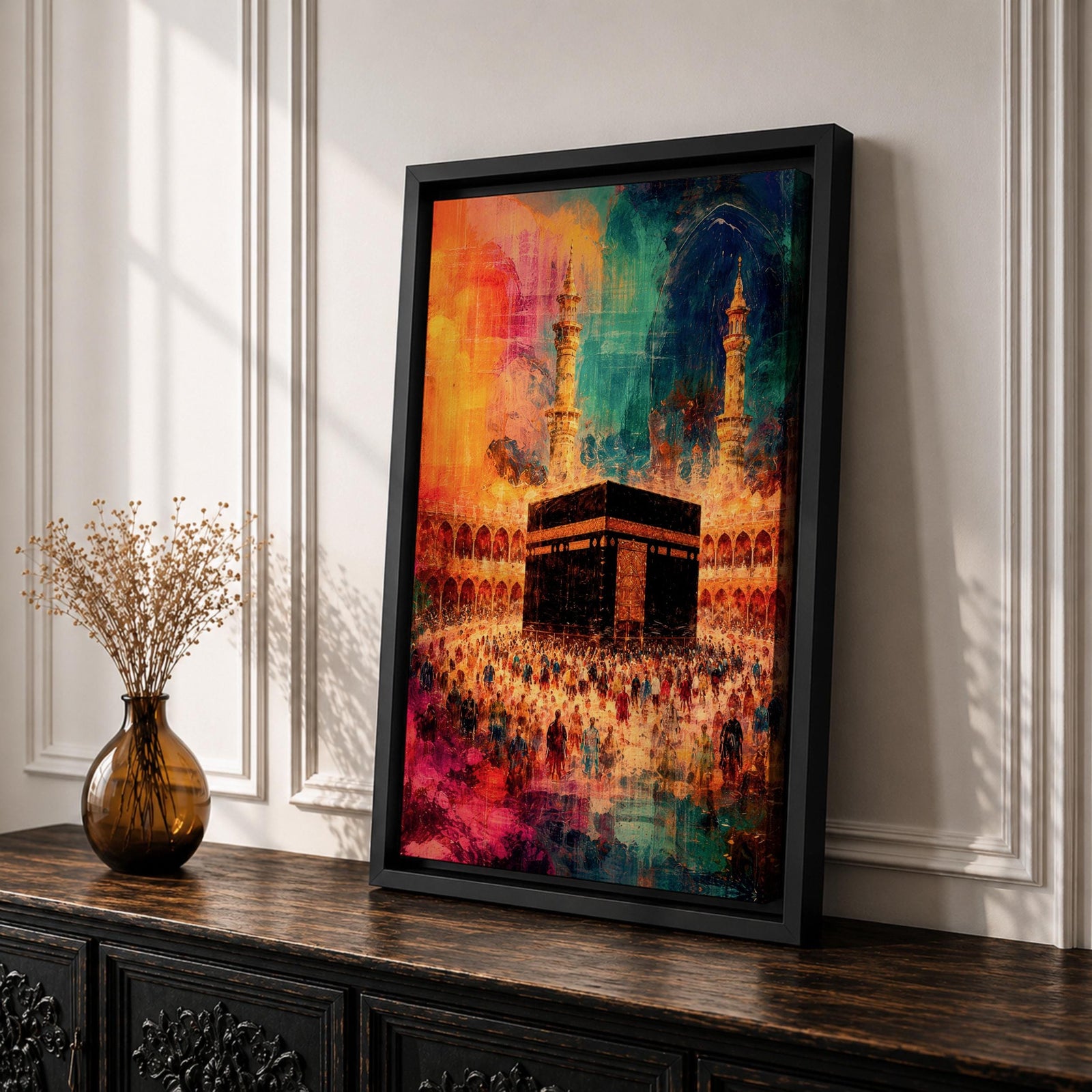 Abstract painting of the Kaaba at Masjid Al Haram in Mecca surrounded by pilgrims during Hajj pilgrimage, with vibrant orange, blue, and red tones illuminating the mosque courtyard and minarets.