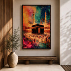 Abstract painting of the Kaaba at Masjid Al Haram in Mecca surrounded by pilgrims during Hajj pilgrimage, with vibrant orange, blue, and red tones illuminating the mosque courtyard and minarets.