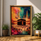 Abstract painting of the Kaaba at Masjid Al Haram in Mecca surrounded by pilgrims during Hajj pilgrimage, with vibrant orange, blue, and red tones illuminating the mosque courtyard and minarets.