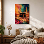 Abstract painting of the Kaaba at Masjid Al Haram in Mecca surrounded by pilgrims during Hajj pilgrimage, with vibrant orange, blue, and red tones illuminating the mosque courtyard and minarets.