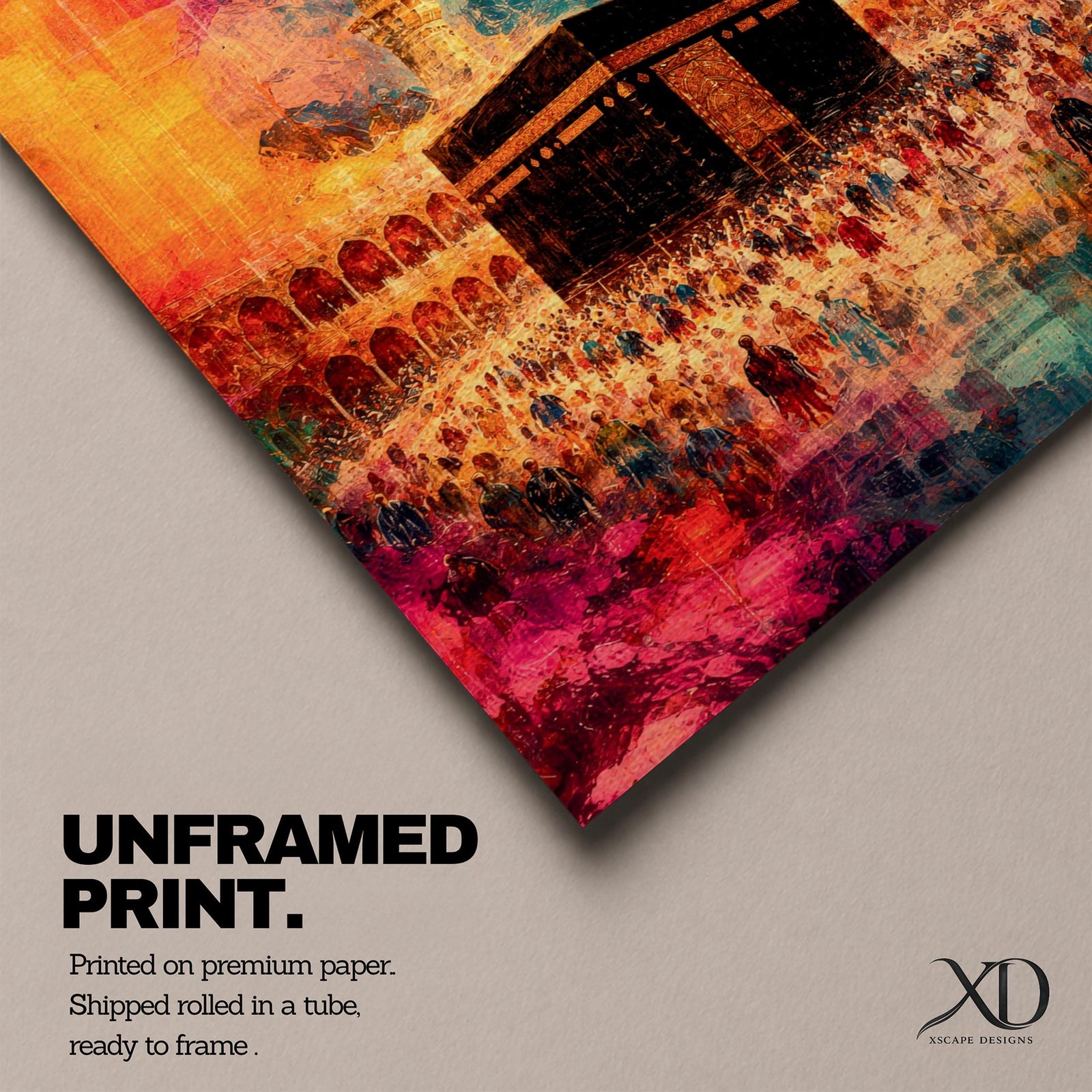 Abstract painting of the Kaaba at Masjid Al Haram in Mecca surrounded by pilgrims during Hajj pilgrimage, with vibrant orange, blue, and red tones illuminating the mosque courtyard and minarets.