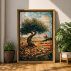 Mosaic-style artwork of an olive tree overlooking Jerusalem with the golden Dome of the Rock visible in the distance, rendered in small tile-like shapes with warm stone walls and blue sky.