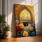 Artwork of the Kaaba at Masjid Al Haram in Mecca framed through a decorative Islamic archway surrounded by colorful roses and flowers with mosque minarets rising behind the sacred shrine.