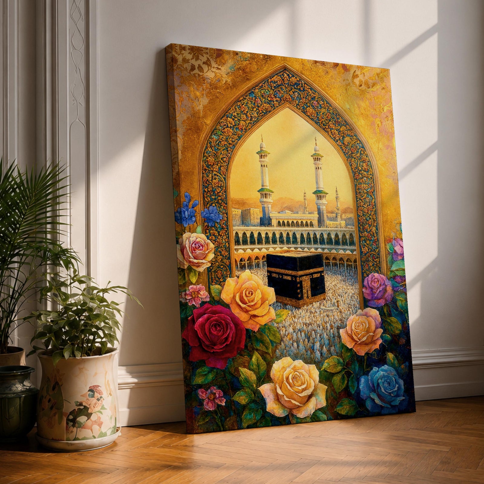 Artwork of the Kaaba at Masjid Al Haram in Mecca framed through a decorative Islamic archway surrounded by colorful roses and flowers with mosque minarets rising behind the sacred shrine.