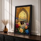 Artwork of the Kaaba at Masjid Al Haram in Mecca framed through a decorative Islamic archway surrounded by colorful roses and flowers with mosque minarets rising behind the sacred shrine.