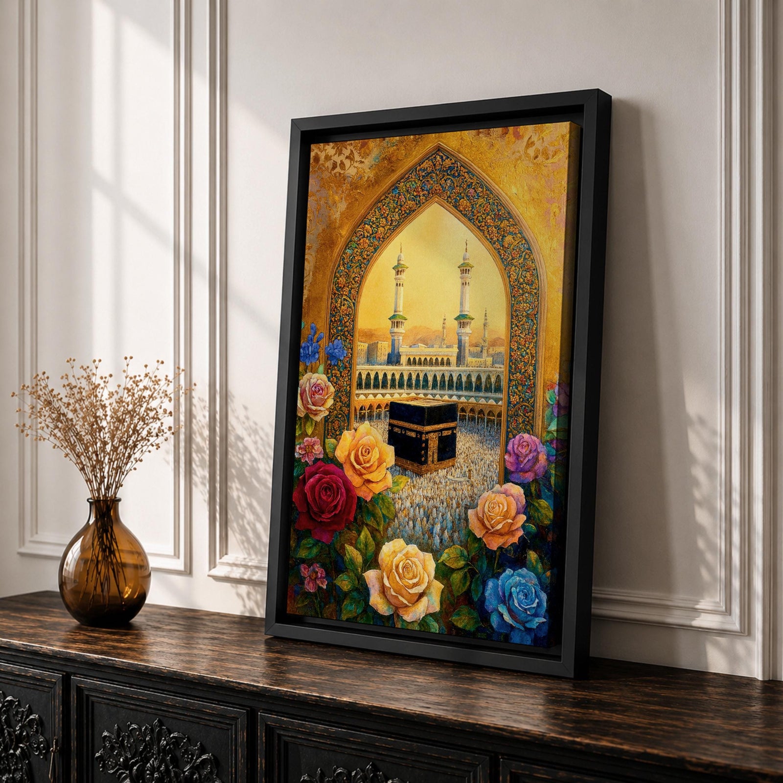 Artwork of the Kaaba at Masjid Al Haram in Mecca framed through a decorative Islamic archway surrounded by colorful roses and flowers with mosque minarets rising behind the sacred shrine.
