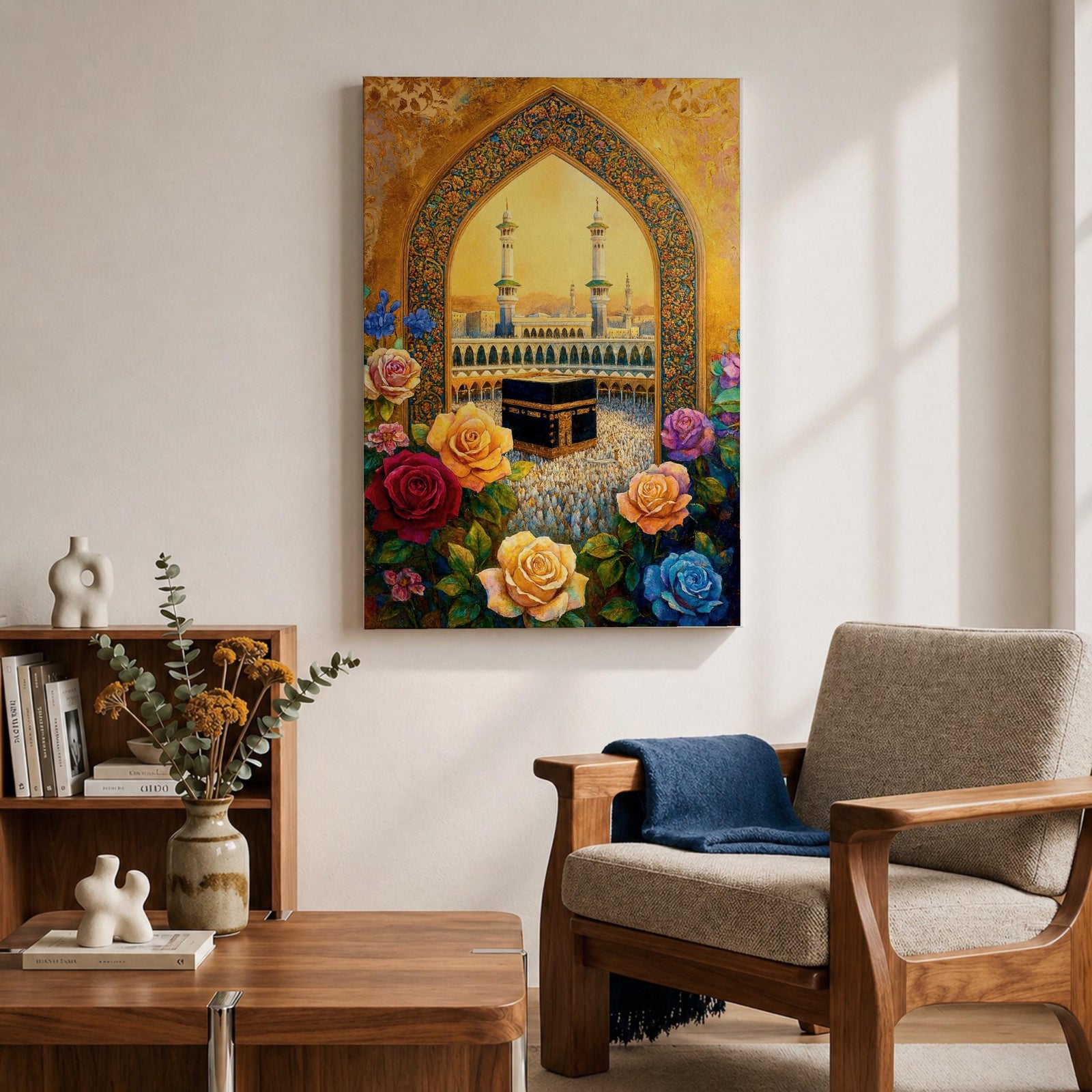 Artwork of the Kaaba at Masjid Al Haram in Mecca framed through a decorative Islamic archway surrounded by colorful roses and flowers with mosque minarets rising behind the sacred shrine.