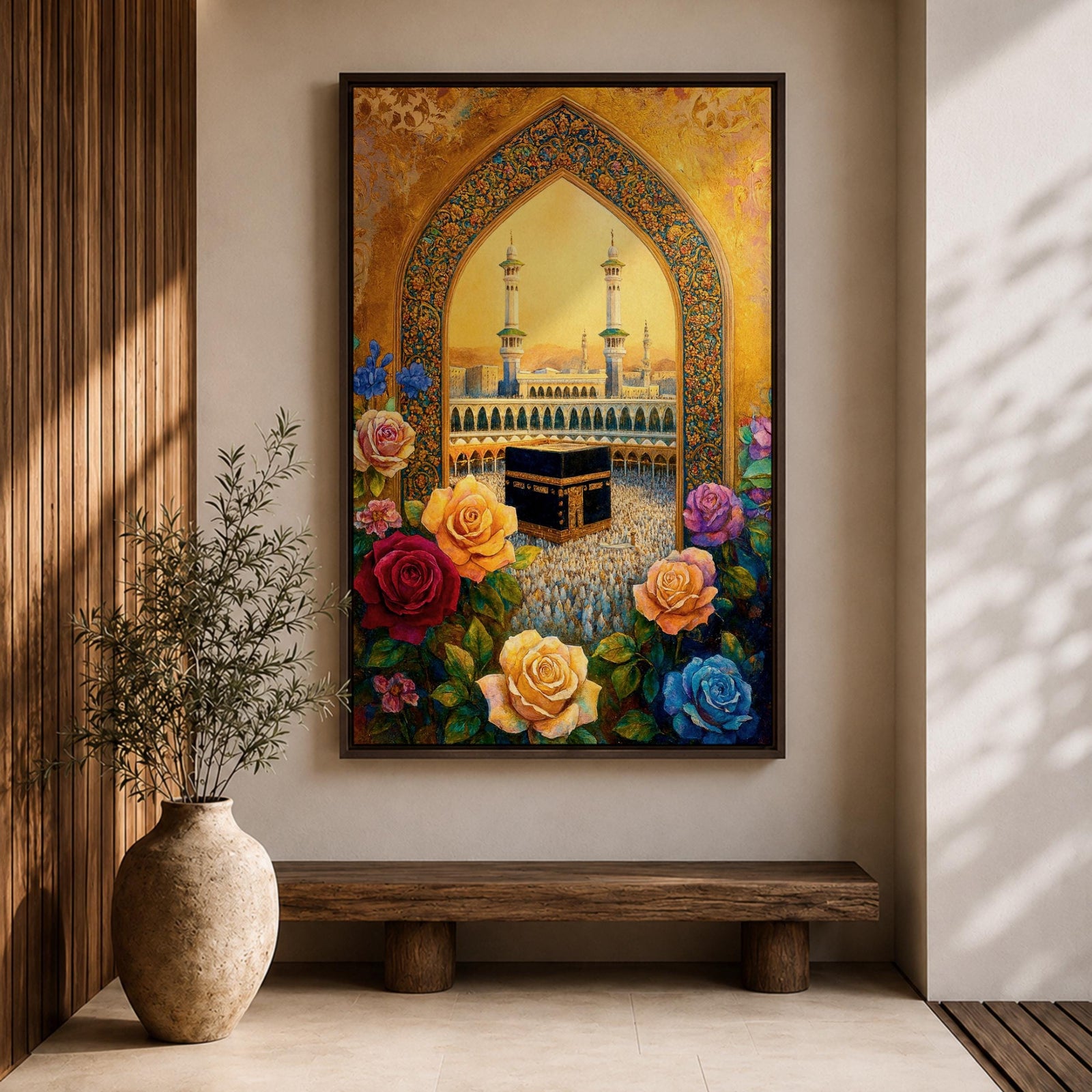 Artwork of the Kaaba at Masjid Al Haram in Mecca framed through a decorative Islamic archway surrounded by colorful roses and flowers with mosque minarets rising behind the sacred shrine.