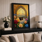 Artwork of the Kaaba at Masjid Al Haram in Mecca framed through a decorative Islamic archway surrounded by colorful roses and flowers with mosque minarets rising behind the sacred shrine.