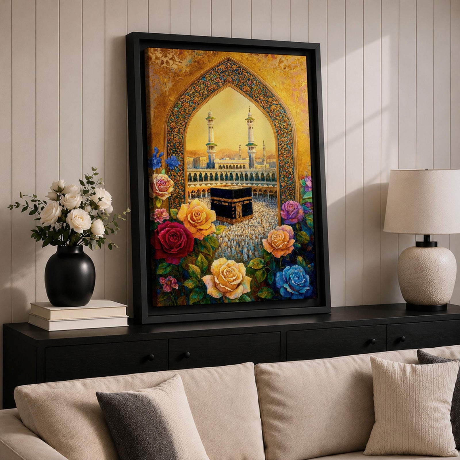 Artwork of the Kaaba at Masjid Al Haram in Mecca framed through a decorative Islamic archway surrounded by colorful roses and flowers with mosque minarets rising behind the sacred shrine.
