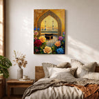 Artwork of the Kaaba at Masjid Al Haram in Mecca framed through a decorative Islamic archway surrounded by colorful roses and flowers with mosque minarets rising behind the sacred shrine.