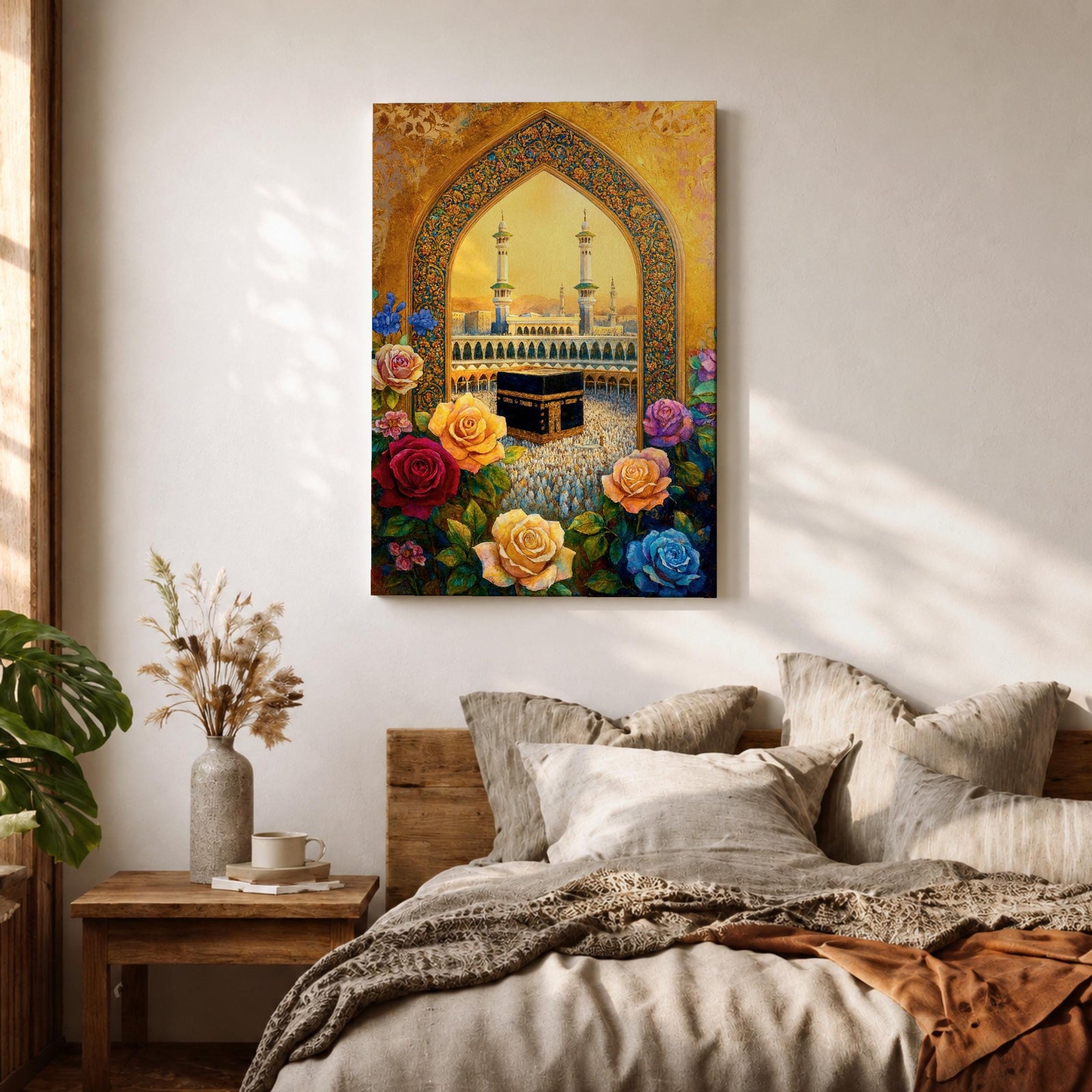 Artwork of the Kaaba at Masjid Al Haram in Mecca framed through a decorative Islamic archway surrounded by colorful roses and flowers with mosque minarets rising behind the sacred shrine.
