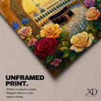 Artwork of the Kaaba at Masjid Al Haram in Mecca framed through a decorative Islamic archway surrounded by colorful roses and flowers with mosque minarets rising behind the sacred shrine.