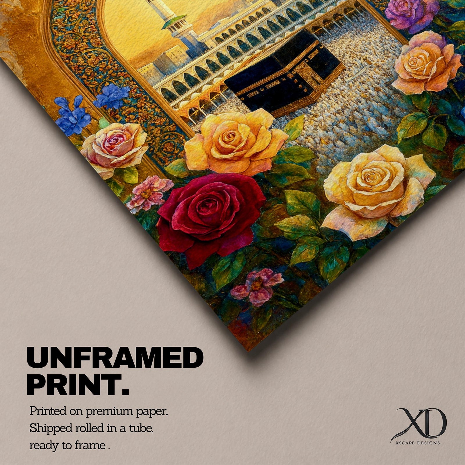 Artwork of the Kaaba at Masjid Al Haram in Mecca framed through a decorative Islamic archway surrounded by colorful roses and flowers with mosque minarets rising behind the sacred shrine.