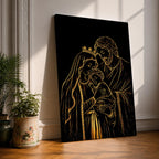 Elegant gold line illustration of the Holy Family showing Mary, Joseph, and baby Jesus embraced together, drawn in glowing gold lines on a deep black background creating a minimalist Catholic devotional artwork.