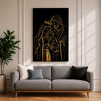 Elegant gold line illustration of the Holy Family showing Mary, Joseph, and baby Jesus embraced together, drawn in glowing gold lines on a deep black background creating a minimalist Catholic devotional artwork.