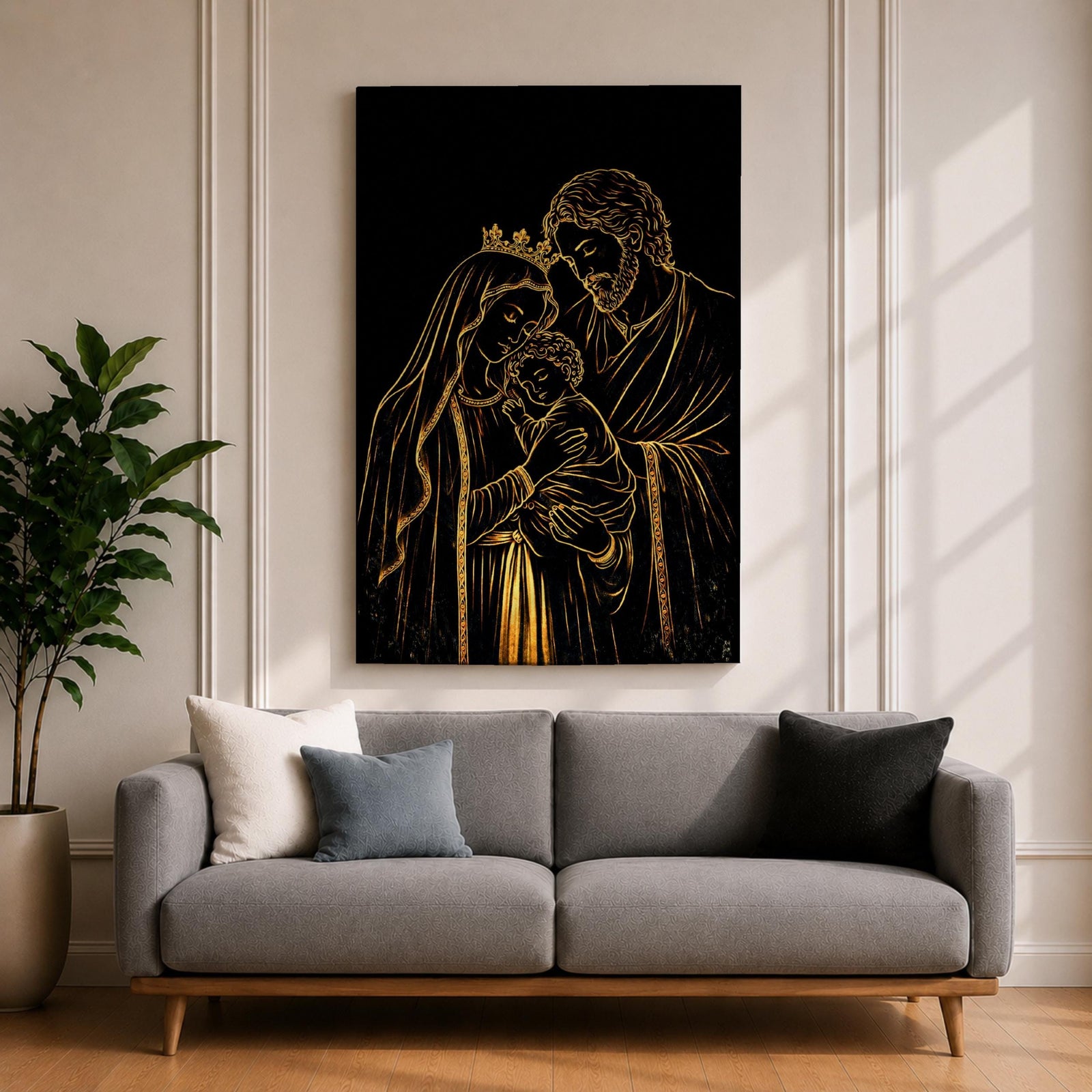 Elegant gold line illustration of the Holy Family showing Mary, Joseph, and baby Jesus embraced together, drawn in glowing gold lines on a deep black background creating a minimalist Catholic devotional artwork.