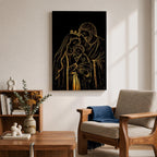 Elegant gold line illustration of the Holy Family showing Mary, Joseph, and baby Jesus embraced together, drawn in glowing gold lines on a deep black background creating a minimalist Catholic devotional artwork.